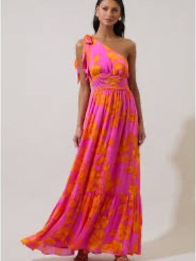 Sugarlips One-Shoulder Pink and Orange Floral Maxi Dress